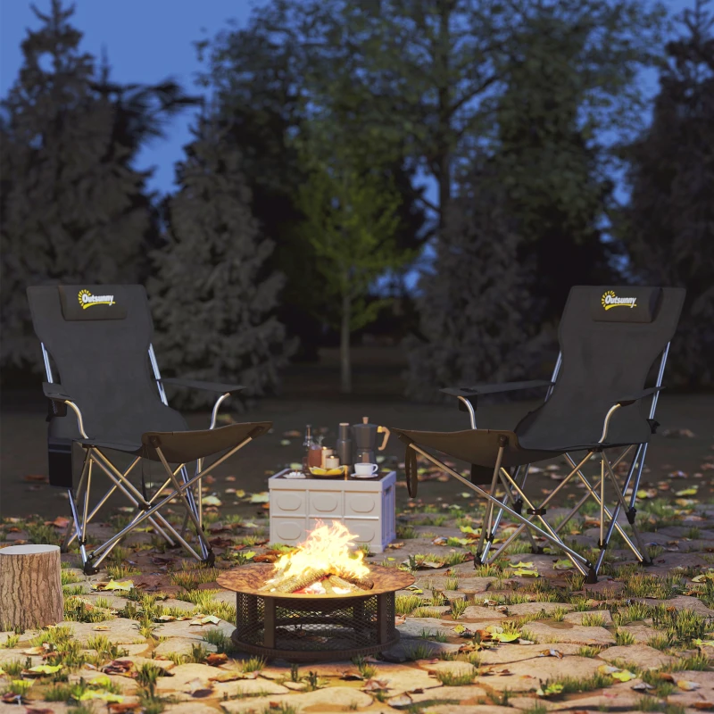 Outsunny Lot de 2 chaises de camping pliante inclinable avec repose-pieds, sac de rangement, porte-gobelet et appui-tête, noir