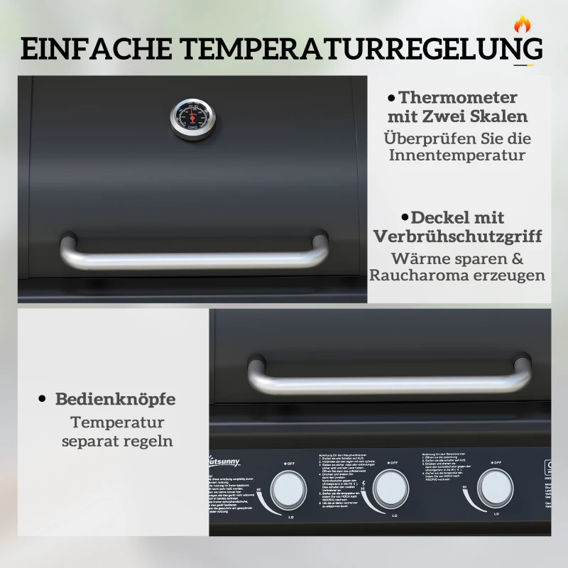 Outsunny Verrijdbare Gasbarbecue met Opbergruimte, Zijtafel, Zijbrander, Warmhoudrek, Thermometer, Roestvrijstaal, Zwart