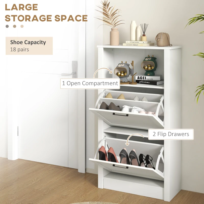 HOMCOM Modern Shoe Cabinet with 2 Flip Drawers and Adjustable Shelves, Narrow Shoe Storage Cabinet with Open Compartment, Holds 10 Pairs for Entryway, Hallway, White