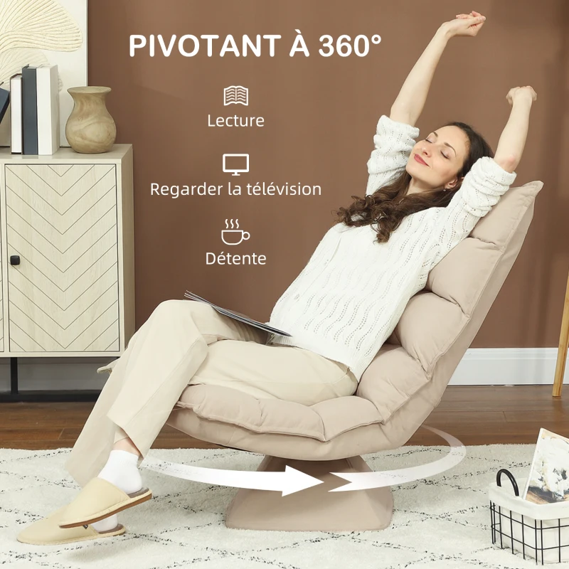 HOMCOM Fauteuil relax fauteuil salon design capitonné inclinaison dossier réglable pivotant 360° revêtement lin beige