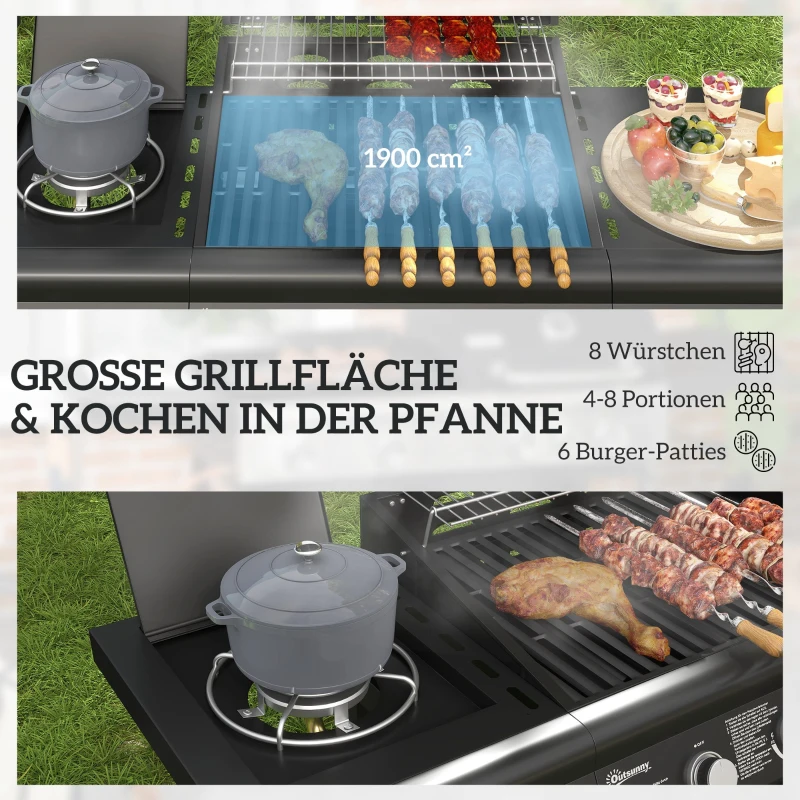 Outsunny Verrijdbare Gasbarbecue met Opbergruimte, Zijtafel, Zijbrander, Warmhoudrek, Thermometer, Roestvrijstaal, Zwart