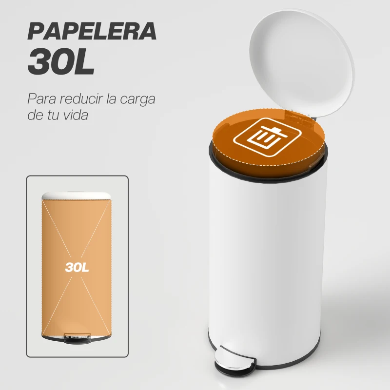 HOMCOM Papelera de Cocina 30L con Pedal Tapa de Cierre Suave y Cubo Extraíble para Dormitorio Oficina Estudio Salón Crema
