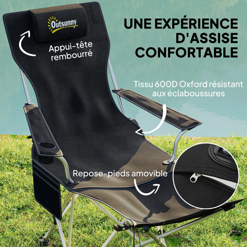 Outsunny Lot de 2 chaises de camping pliante inclinable avec repose-pieds, sac de rangement, porte-gobelet et appui-tête, noir