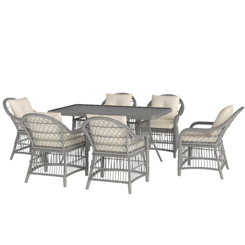 Outsunny Rattan Dining Set with Seat and Back Cushions, 6 Seater Garden Furniture Set with Aluminium Frame, 6 Chairs, WPC Top Rectangle Table, Conservatory Wicker Patio Furniture, Grey