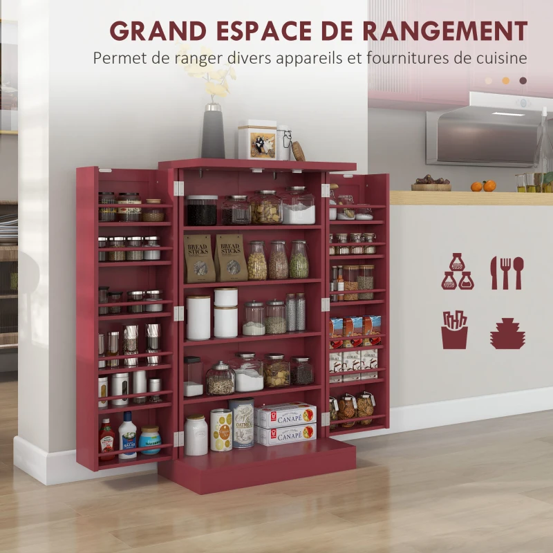 HOMCOM Armoire meuble de cuisine garde-manger 2 portes avec 5 étagères et 12 porte-épices - 60 x 30 x 104 cm - rouge