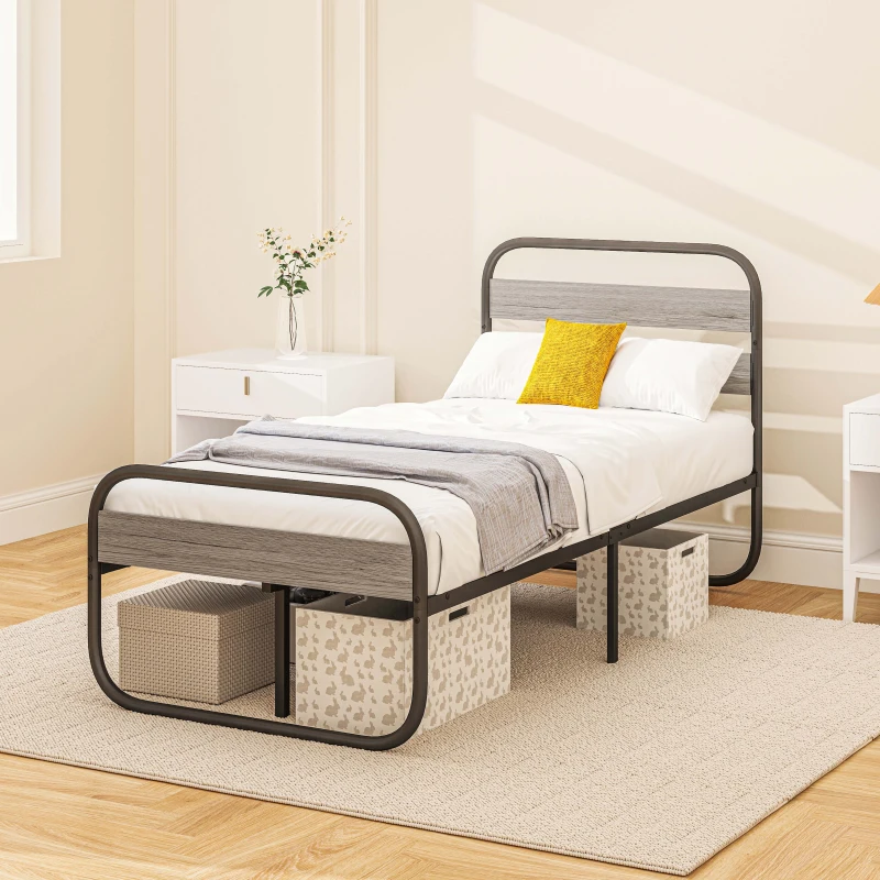 HOMCOM 3ft Single Bed Frame, Industrial Style Metal Platform Bed Frame with Under Bed Storage, No Box Spring Needed, Easy Assembly, Grey(m-9)