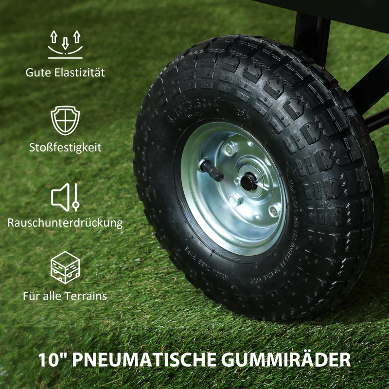 Outsunny Tuinwagen, 4-Wiel Trolley van Staal, Afneembare Zijwanden, 25 cm Wielen, Draaibaar Handvat, 300 kg Laadcapaciteit, Zwart