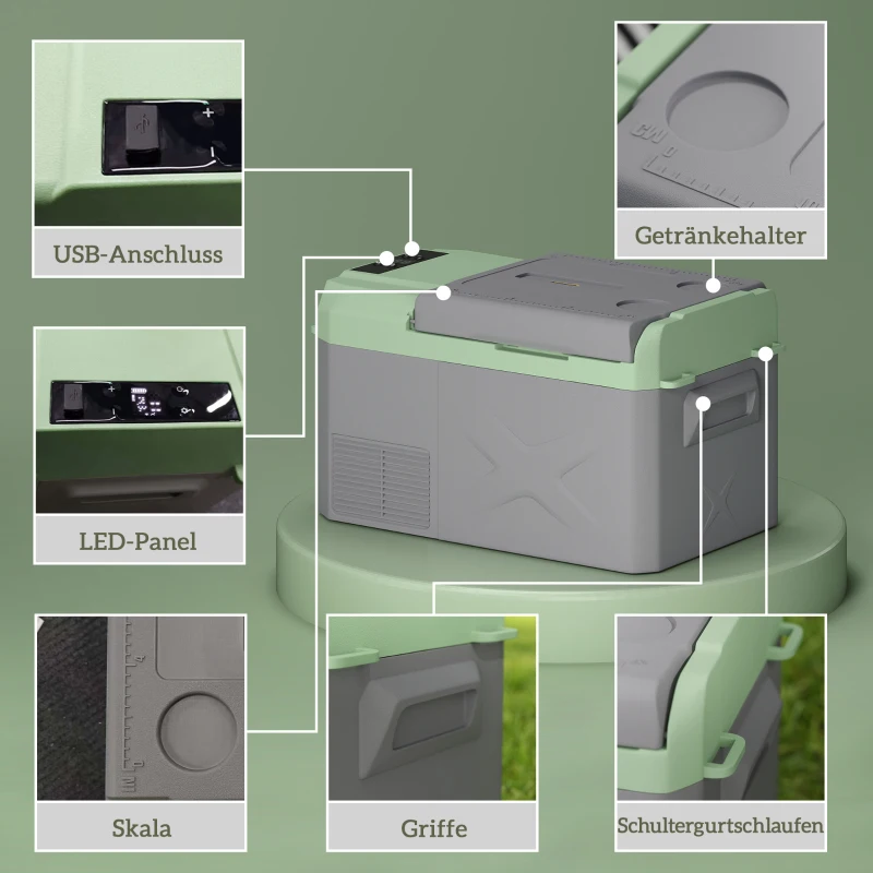 Outsunny 24,2 L Lodówka Campingowa, Lodówka Samochodowa z LED, Adaptory AC i DC, Cicha Praca, Szara+Zielona