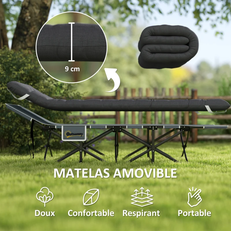 Outsunny Lit de camping pliable avec matelas robuste et portable avec sac de transport et pieds antidérapants, noir
