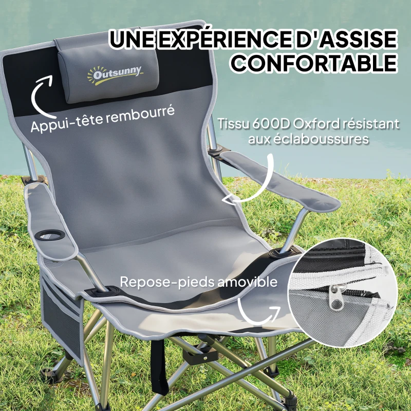 Outsunny Chaise de camping pliante fauteuil de pêche avec repose-pied amovible, appui-tête, porte-gobelet, sac de transport gris