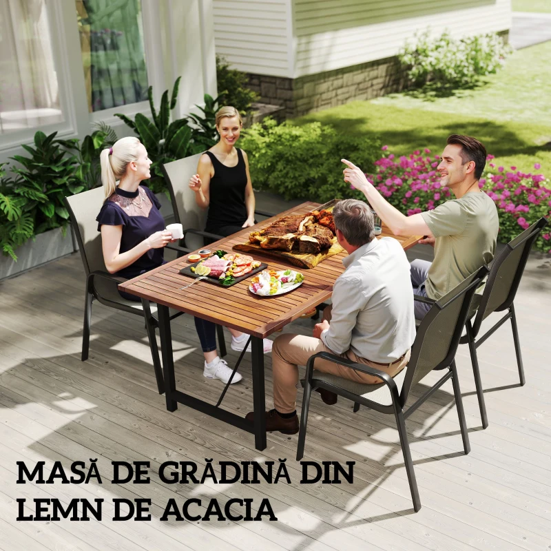 Outsunny Masă de Grădină din Lemn de Salcâm și Oțel cu Blat din Șipci, 160x90x75 cm, Lemn Natural