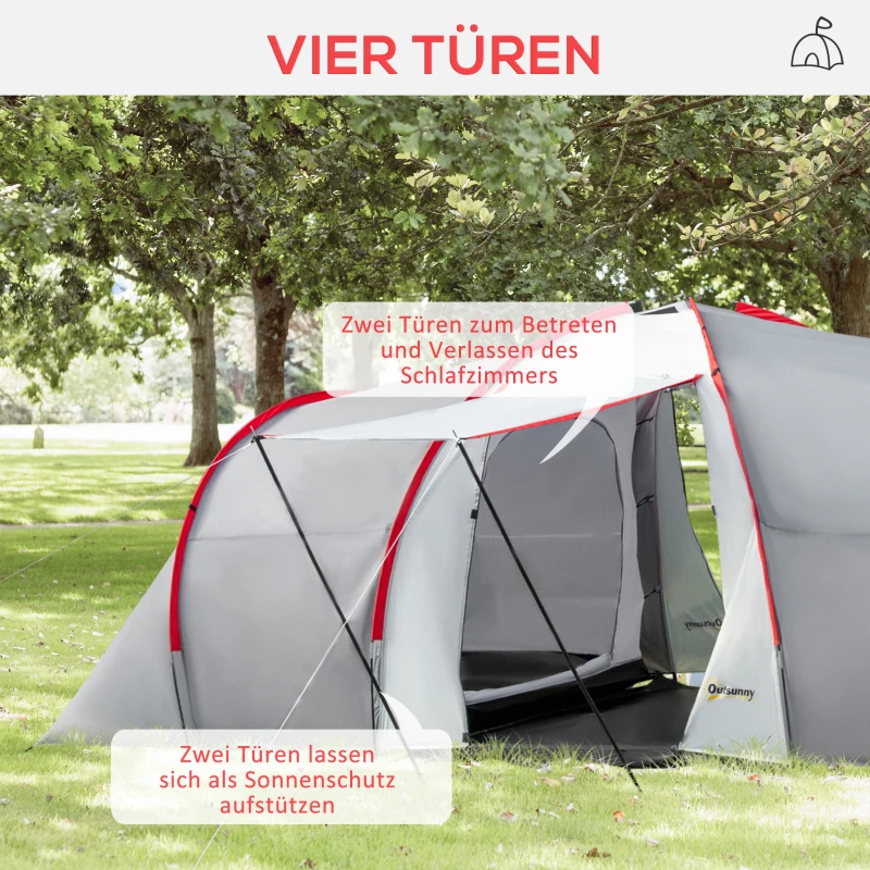 Outsunny Campingtent voor 4 Personen, met Luifel, 2 Slaapkamers, Vensters, Accessoires, Grijs