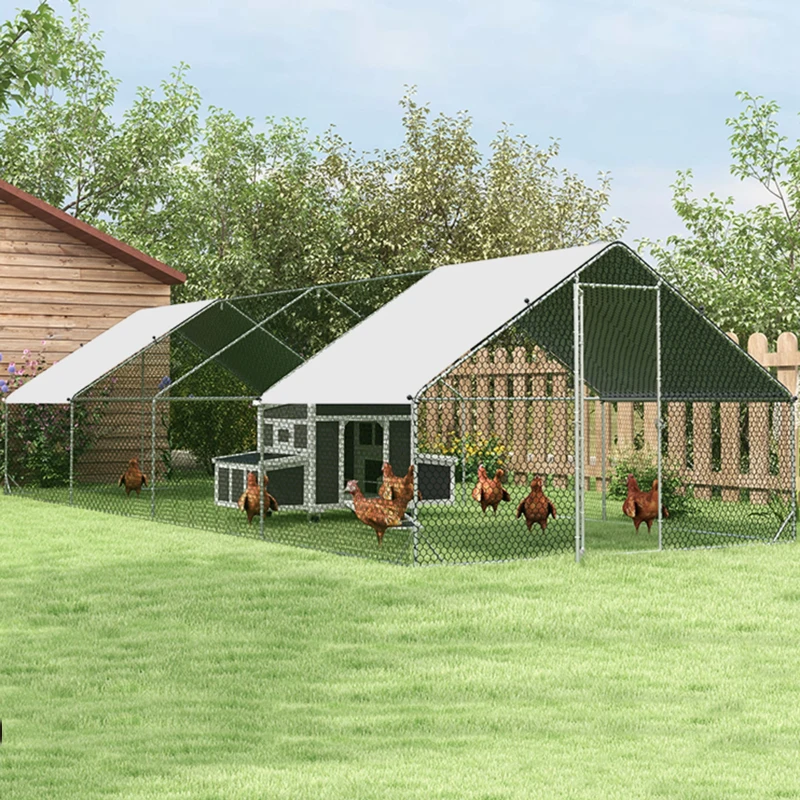 PawHut Gallinero para Exterior Jaula para Gallinas de Acero Galvanizado con Cubierta de PE y Cerradura 3x8x2 m Plata