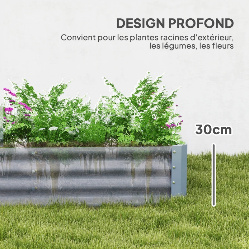 Outsunny Carré potager rectangulaire, lit de jardin surélevé en acier galvanisé, fond ouvert, 240 x 120 x 30 cm, gris argenté