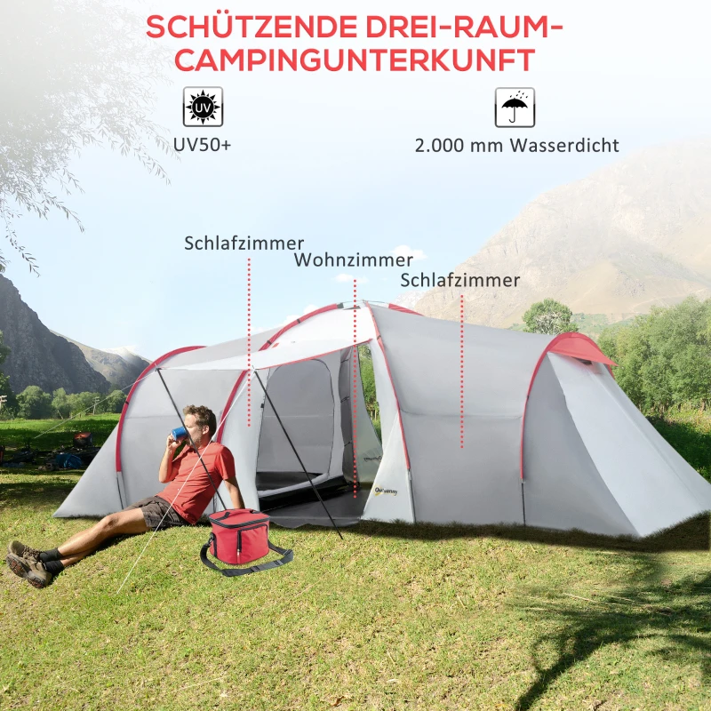 Outsunny Campingtent voor 4 Personen, met Luifel, 2 Slaapkamers, Vensters, Accessoires, Grijs