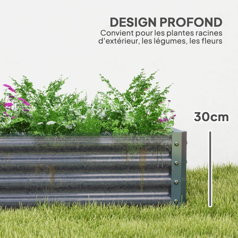 Outsunny Carré potager rectangulaire, lit de jardin surélevé en acier galvanisé, fond ouvert, 180 x 90 x 30 cm, gris argenté