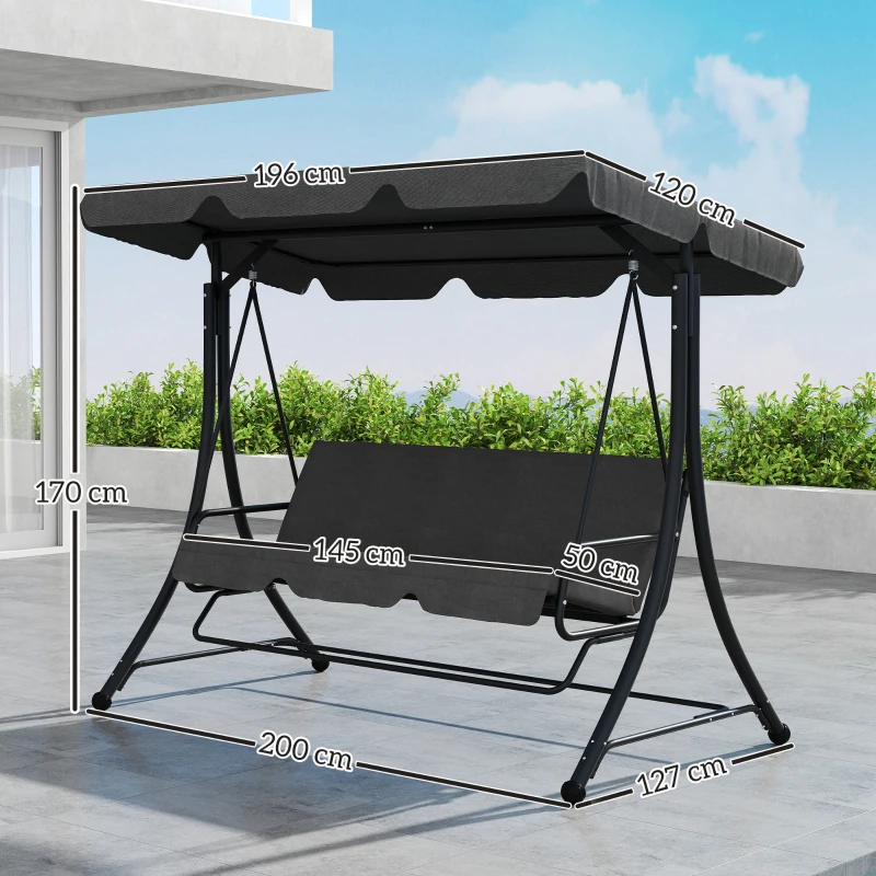 Outsunny Columpio de Jardín de 3 Plazas con Toldo Ajustable Reposapiés Retráctil y Cojines Carga 330 kg 200x127x170 cm Gris