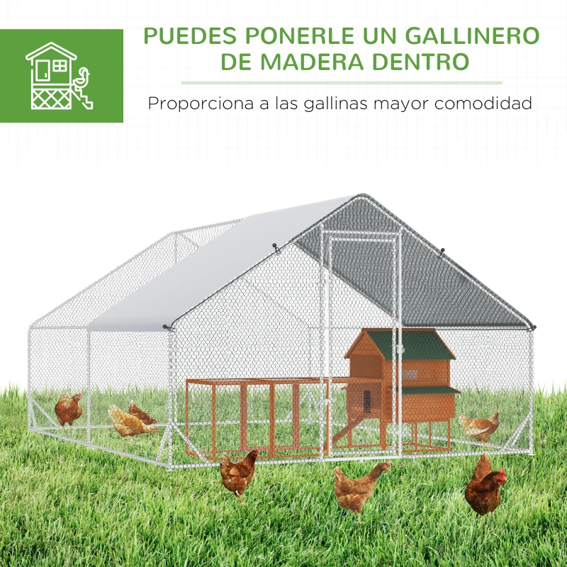 PawHut Gallinero para Exterior Jaula para Gallinas de Acero Galvanizado con Cubierta de PE y Cerradura 3x4x2 m Plata