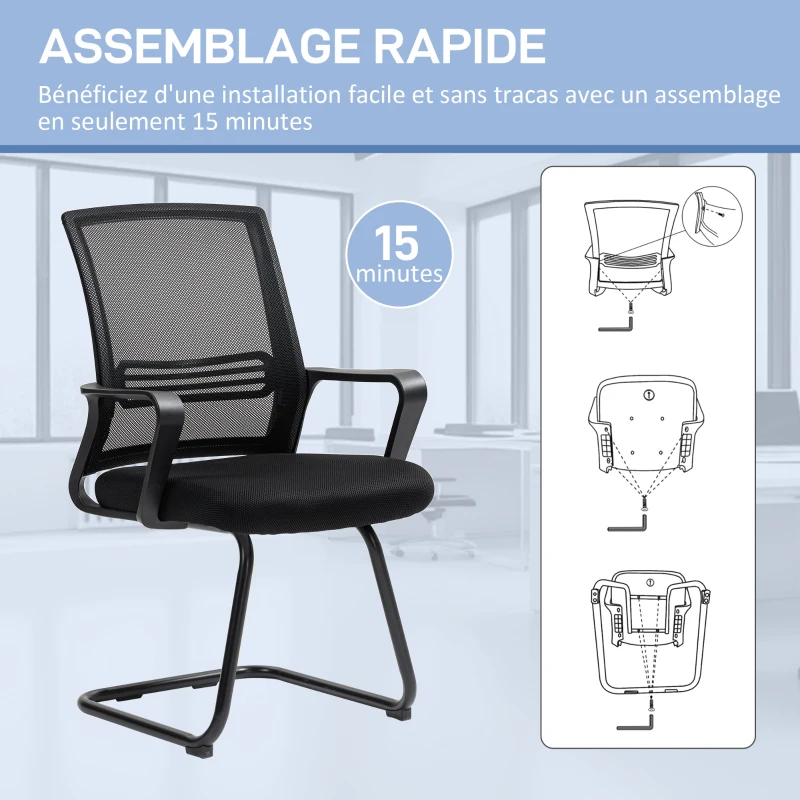 HOMCOM Chaise de bureau en maille sans roulettes, base en traîneau, pour salle de conférence, attente, réception, noir