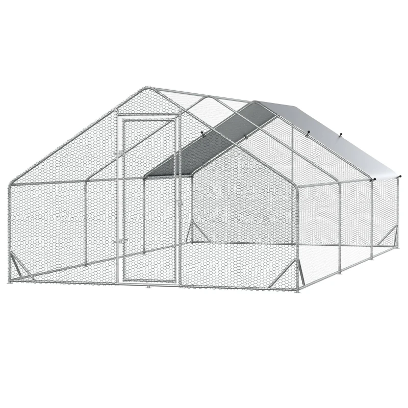 PawHut Gallinero para Exterior Jaula para Gallinas de Acero Galvanizado con Cubierta de PE y Cerradura 3x6x2 m Plata