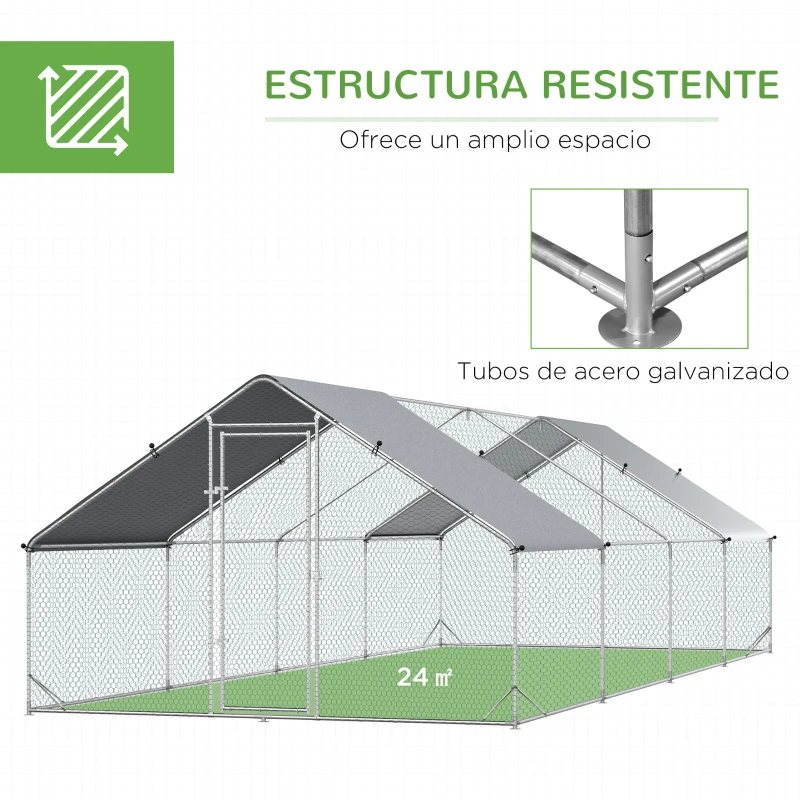 PawHut Gallinero para Exterior Jaula para Gallinas de Acero Galvanizado con Cubierta de PE y Cerradura 3x8x2 m Plata