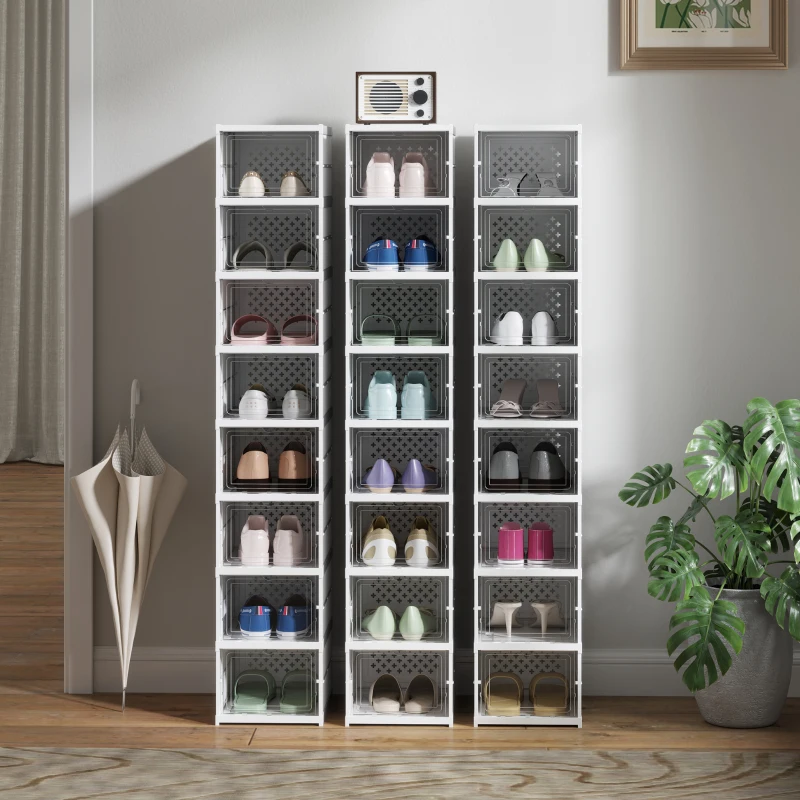 HOMCOM Regał na Buty 8-Poziomowy, Składany, z Wentylowanym Tyłem, Plastikowy, Biały