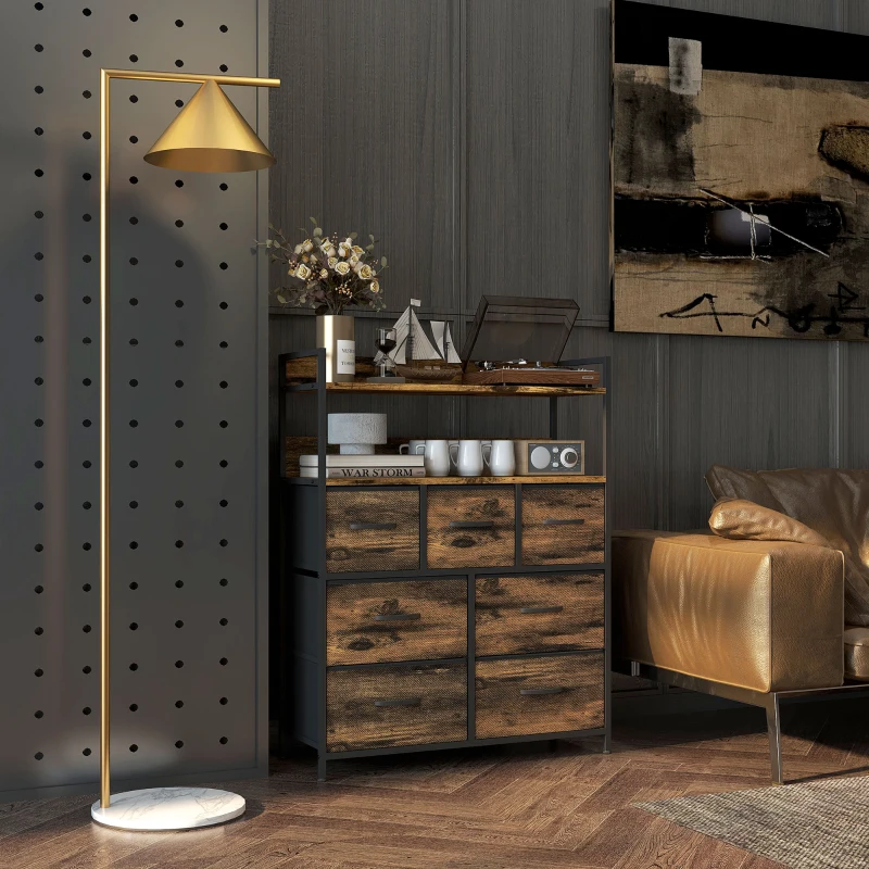 HOMCOM Meuble de rangement commode 7 tiroirs en tissu pliables et amovibles étagères ouvertes, brun rustique