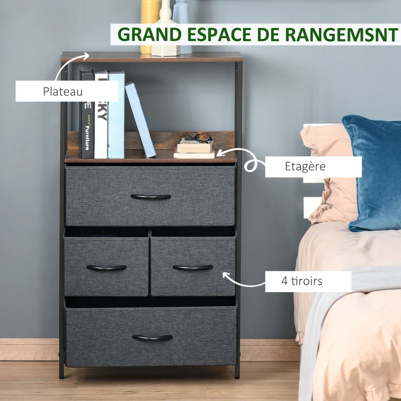 HOMCOM Commode chambre meuble de rangement 4 tiroirs en tissu pliables avec étagères ouvertes et cadre en métal, gris foncé