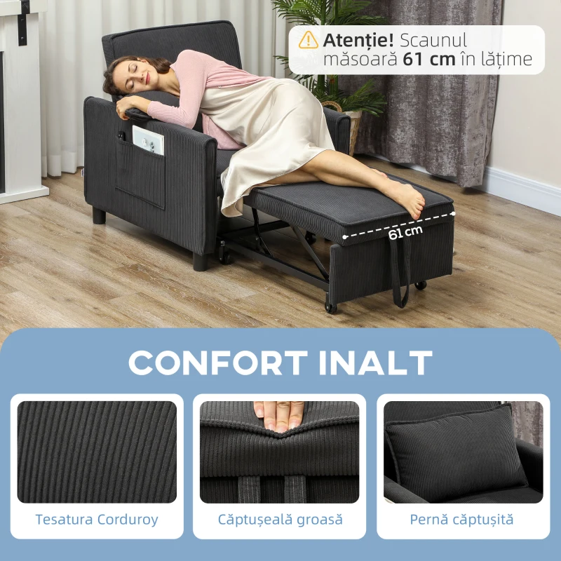 HOMCOM Fotoliu-Pat 3 în 1 cu Buzunare Laterale și Spătar Rabatabil, Fotoliu Modern Convertibil în Pat, 74x84x81 cm, Gri(m-6)