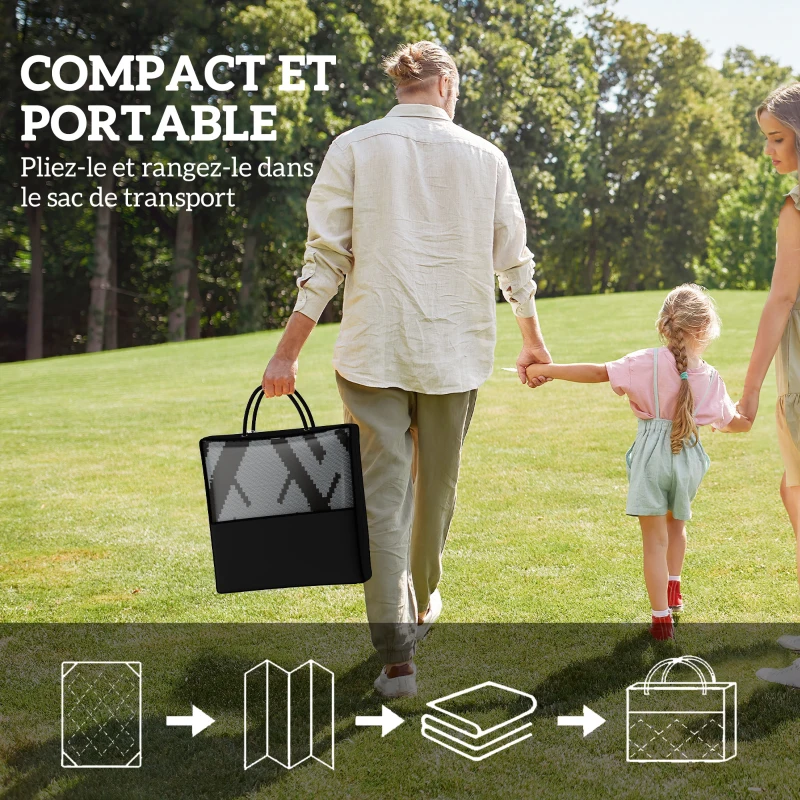 Outsunny Tapis d'extérieur réversible 1,8 x 2,7 m, en PP résistant aux intempéries, sac de transport inclus, noir et gris