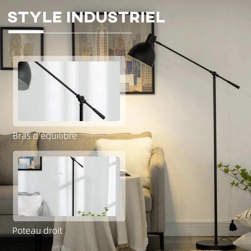 HOMCOM Lampadaire sur pied salon 40 W hauteur réglable, abat-jour et bras orientable, interrupteur à pied, culot E27, noir