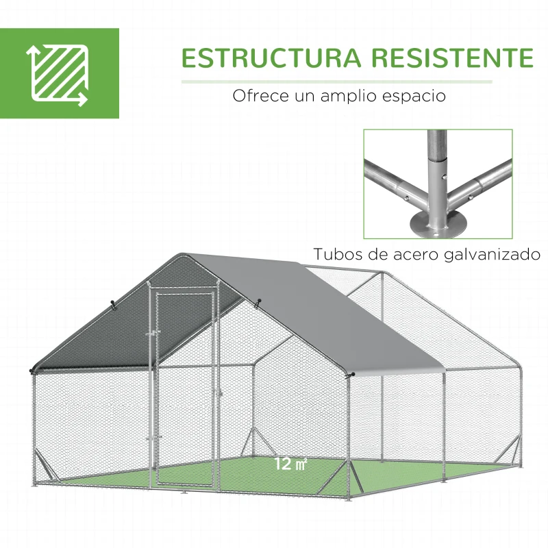 PawHut Gallinero para Exterior Jaula para Gallinas de Acero Galvanizado con Cubierta de PE y Cerradura 3x4x2 m Plata