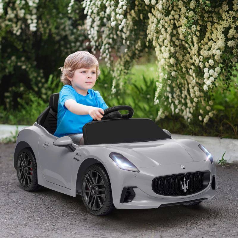 AIYAPLAY Coche Eléctrico Infantil Maserati Gran Turismo Folgore con Batería 12V Mando a Distancia Faros Bocina Música MP3 Gris