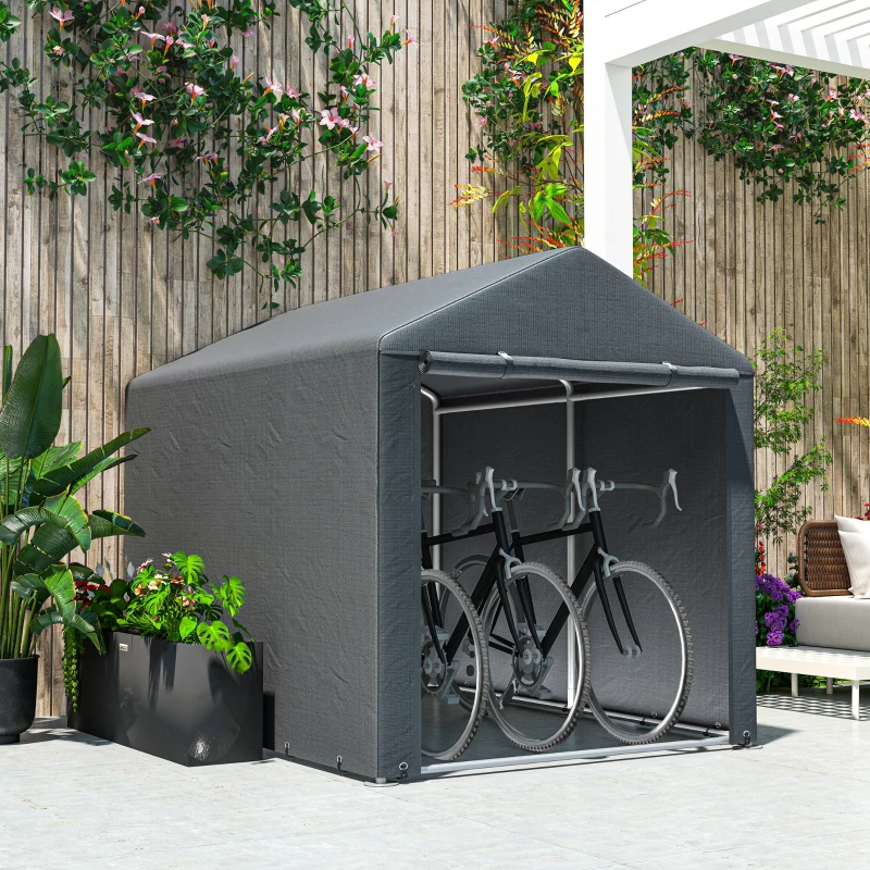 Outsunny Garaj pentru Motociclete, Bicilete sau Unelte de Exterior cu Intrare cu Fermoar, 160x218x172 cm, Gri Închis(m-7)
