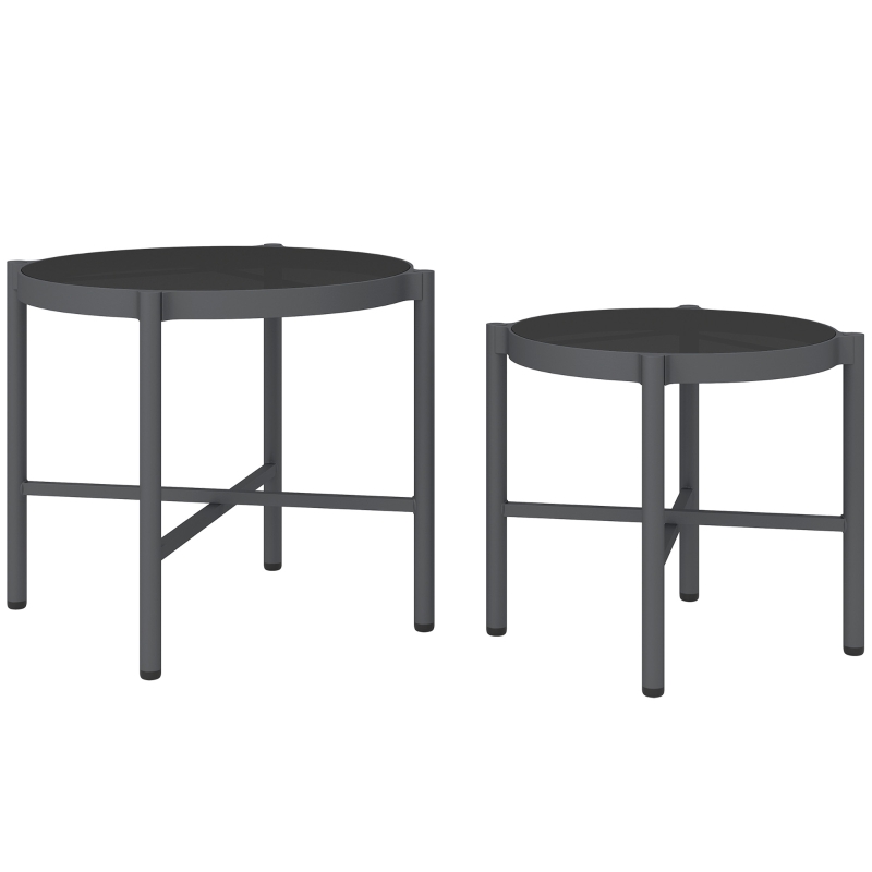 Outsunny Lot de 2 tables basse gigogne de jardin tables basses de jardin avec plateau en verre trempé, cadre en aluminium noir