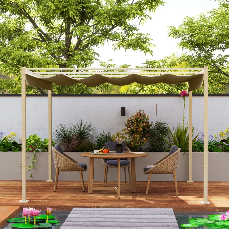 Outsunny Pergolă de Grădină cu Acoperiș Retractabil și Sistem de Prindere Magnetic, 298x297x221 cm, Kaki(m-8)