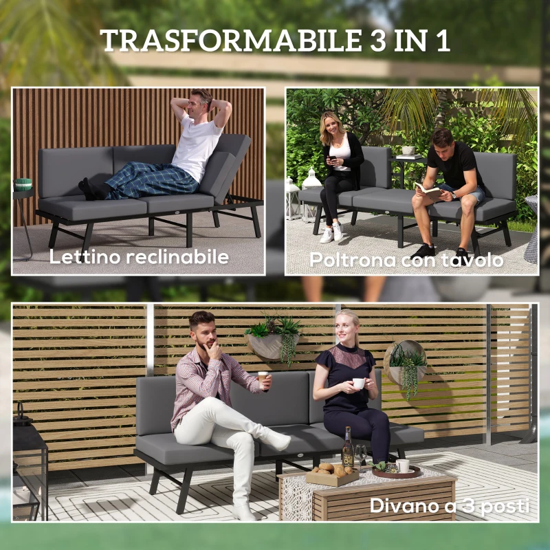 Outsunny Divano da Giardino 3 in 1 Reclinabile su 5 Posizioni con Cuscini, 180x63.5x68 cm, Grigio