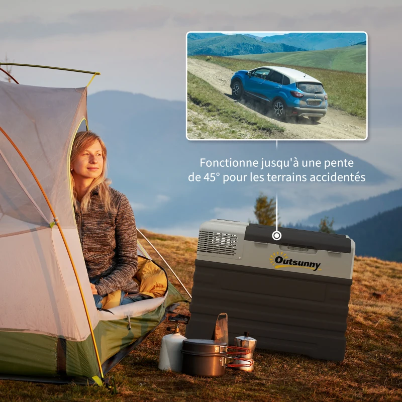 Outsunny Glacière électrique à compression 56L portable avec modes ECO/MAX, tige télescopique et roulettes, noir