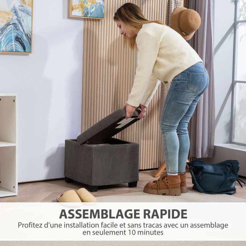 HOMCOM Coffre pouf rangement 30 L avec couvercle amovible, ottoman cube rembourré en velours côtelé, 40 x 40 x 40 cm, gris