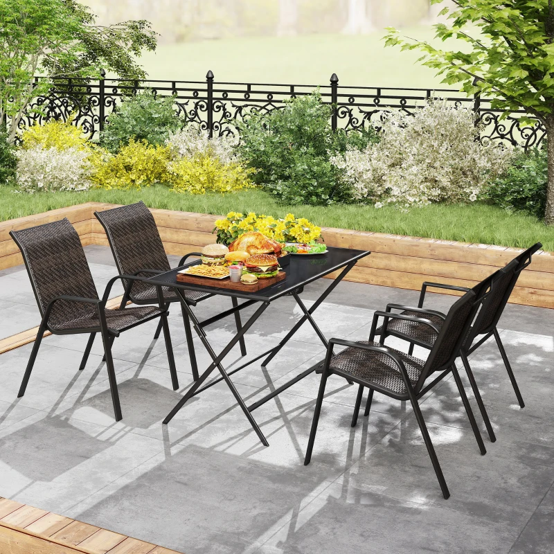 Outsunny Lot de 4 chaises de jardin empilables, fauteuil d'extérieur avec accoudoirs et revêtement en résine tressée marron