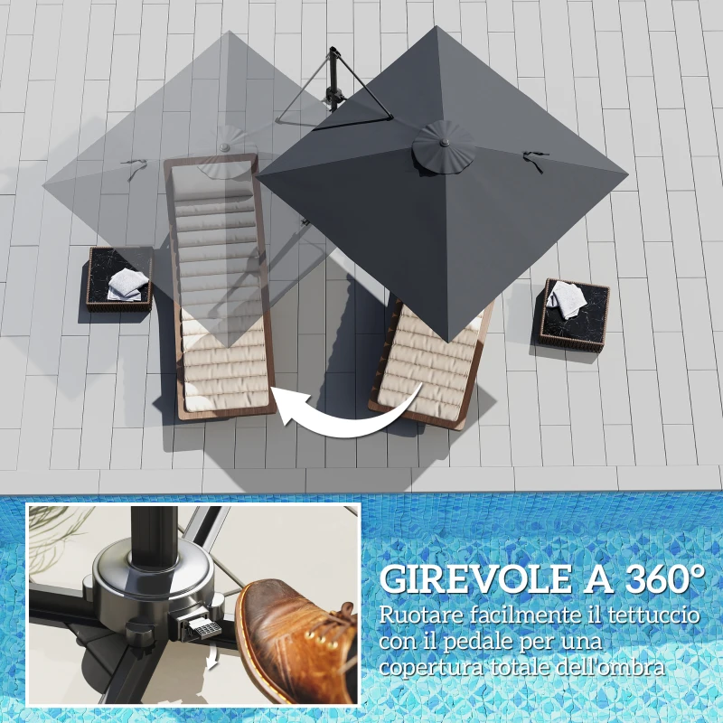 Outsunny Ombrellone da Giardino 2.5x2.5 m a Braccio, Girevole a 360° con Manovella e Base a Croce, Grigio Scuro