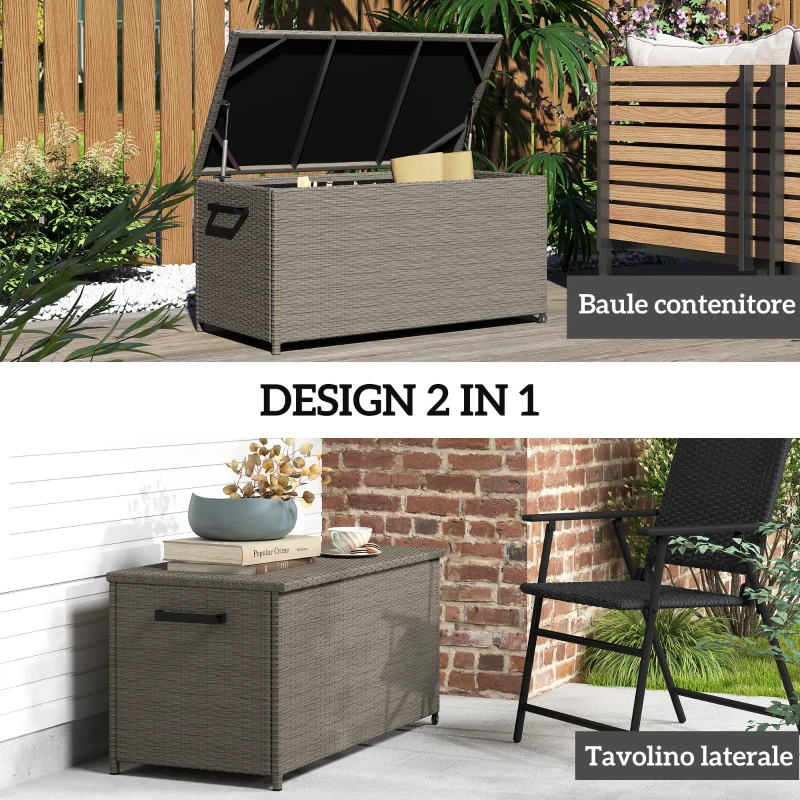 Outsunny Baule da Esterno da 184L in Rattan PE con Ruote e Rivestimento Interno Impermeabile, 102x52x52 cm, Grigio
