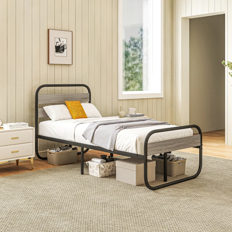HOMCOM 3ft Single Bed Frame, Industrial Style Metal Platform Bed Frame with Under Bed Storage, No Box Spring Needed, Easy Assembly, Grey(m-8)