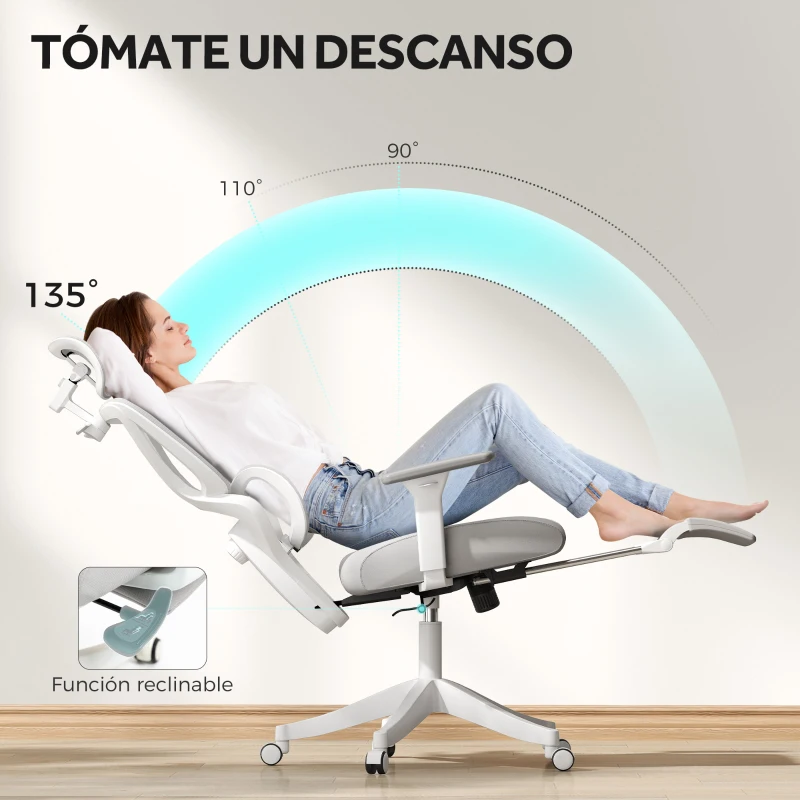 HOMCOM Silla de Escritorio de Malla Reclinable con Reposacabezas Giratoria Soporte Lumbar Reposapiés y Altura Regulable Gris