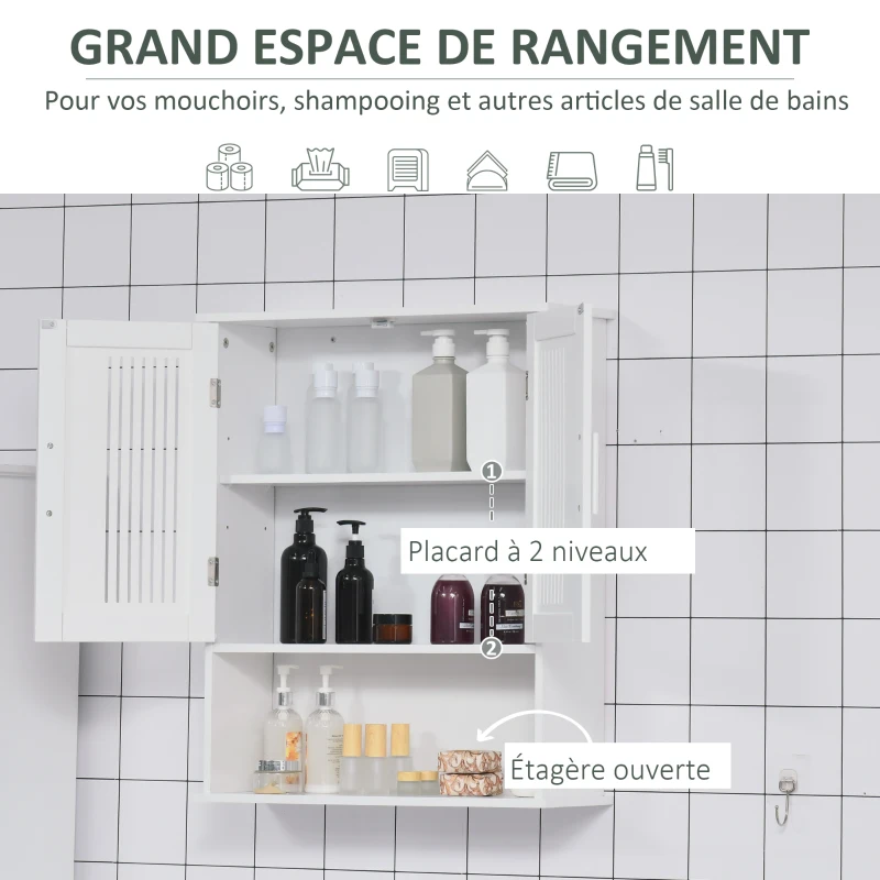 kleankin Armoire murale, meuble salle de bain avec étagère réglable, double porte et étagère ouverte, 60 x 20 x 70 cm, blanc