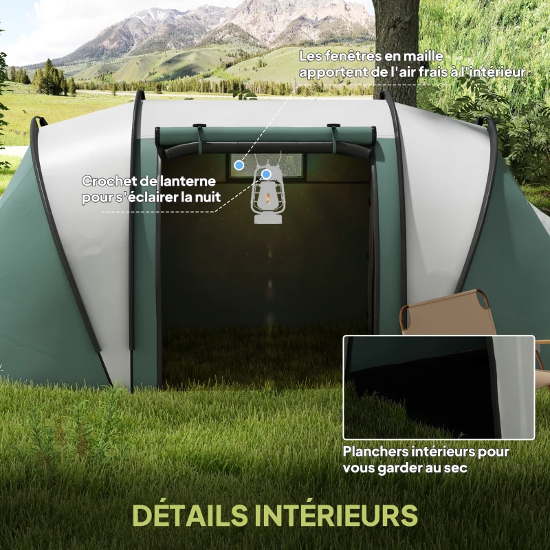 Outsunny Tente de camping familiale 4-5 personnes avec 2 chambres 3000 mm imperméable et ventilée, sac de transport, vert