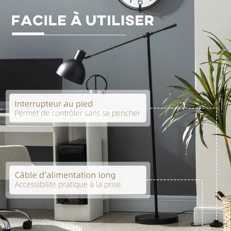 HOMCOM Lampadaire sur pied salon 40 W hauteur réglable, abat-jour et bras orientable, interrupteur à pied, culot E27, noir