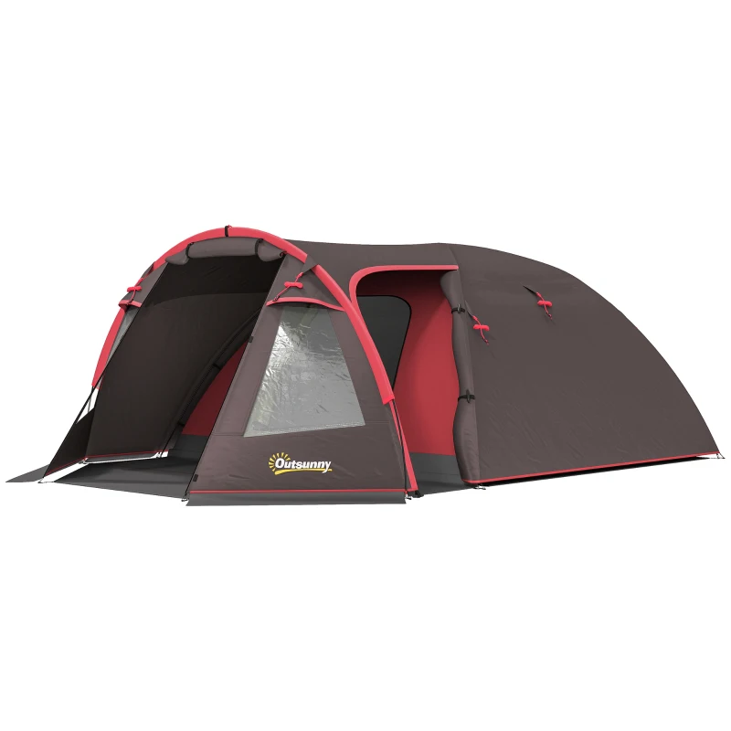 Outsunny Cort de Camping pentru 2-4 Persoane cu 2 Camere, Uși Duble și Geantă de Transport, 360x250x130 cm, Gri
