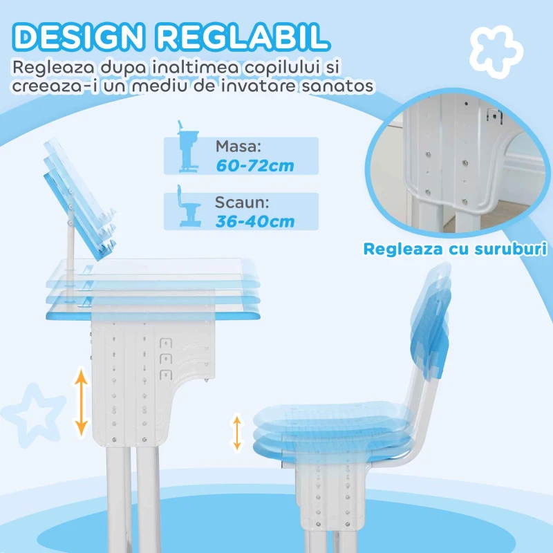 HOMCOM Banca pentru Copii 6-12 Ani, cu inaltime Reglabila, Suport pentru Carti si Raft, 60x45x90-102 cm, Albastru