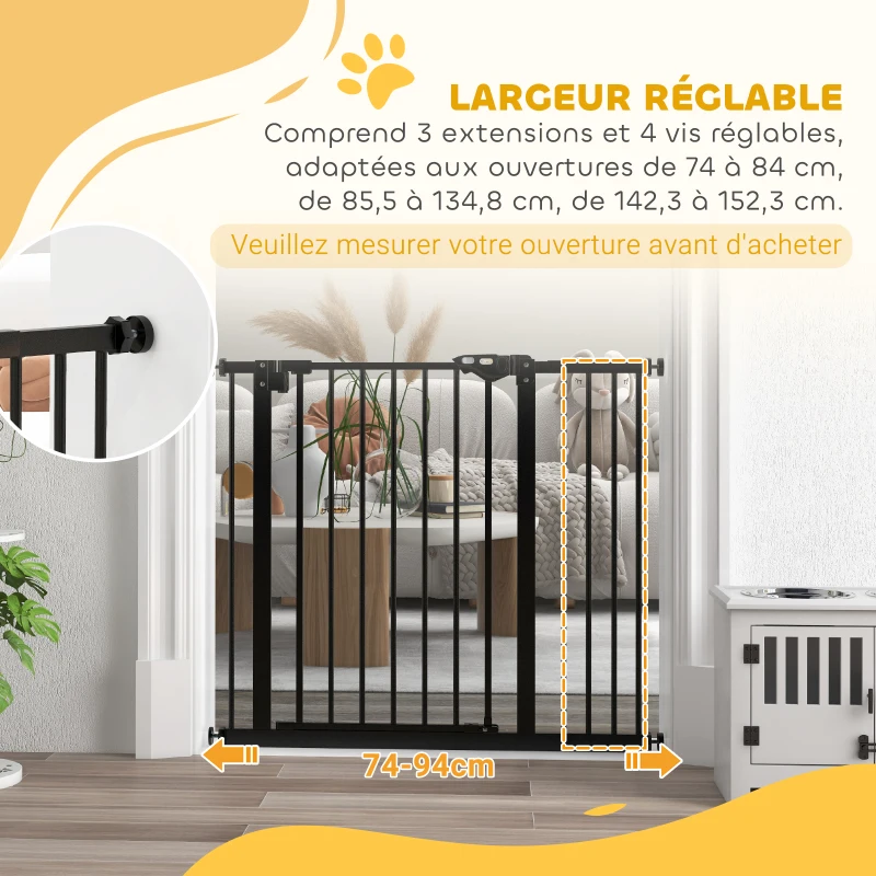 PawHut Barrière de sécurité animaux porte fermeture automatique système de double verrouillage sans perçage 1 extension noir(m-7)